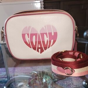 Coach Pink and White Heart Motif Crossbody Bag